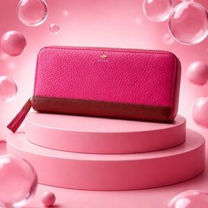 Fossil Pink Brown Leather Zip Around Wallet